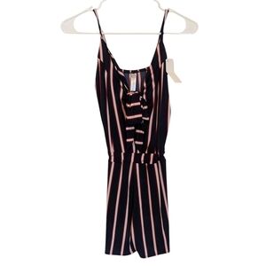 Striped Romper Spaghetti Strap Elastic Stretchy Tie Front Bow Navy Blue Red